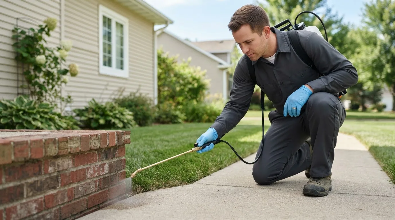 Pest control technician treating a home near Buckingham, IL